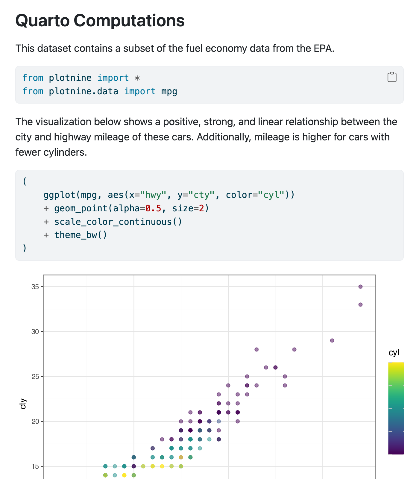 Positron Viewer pane with a document titled Quarto Computations that contains some text, code and a visualization.