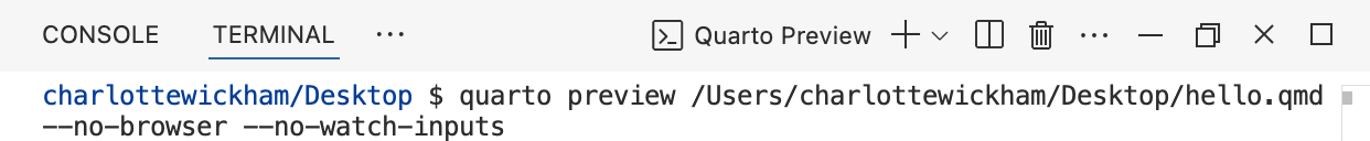 The Positron Terminal pane showing the command 'quarto preview hello.qmd'.