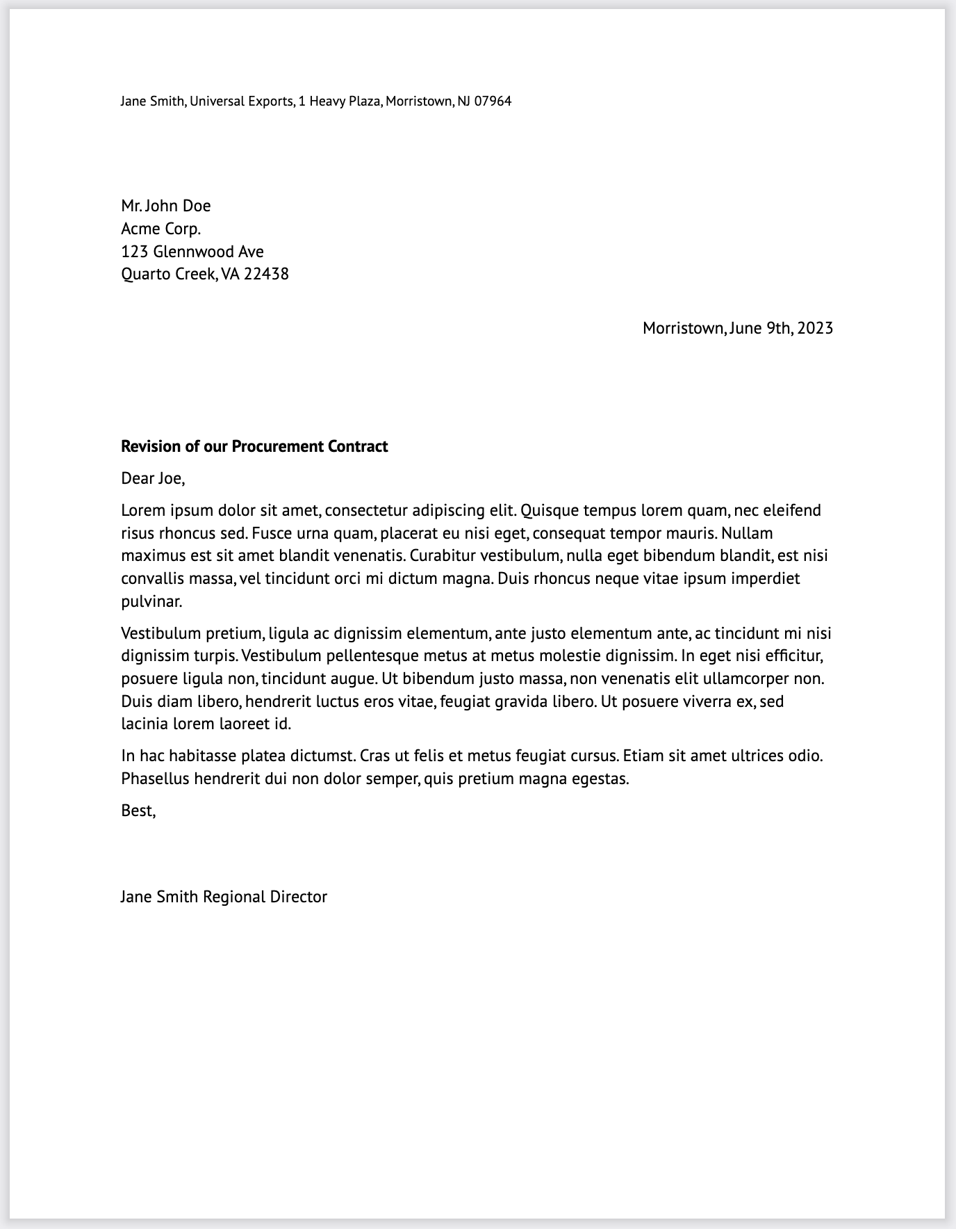 Screenshot of a page showing a letter. A sender address is across the top of the page, followed by a recipient address left justified. The body of the letter includes a subject line in bold.