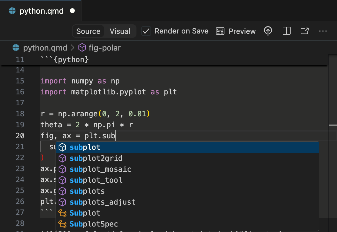A Quarto document in Positron with a python code cell. There is a code completion helper active in the python cell.