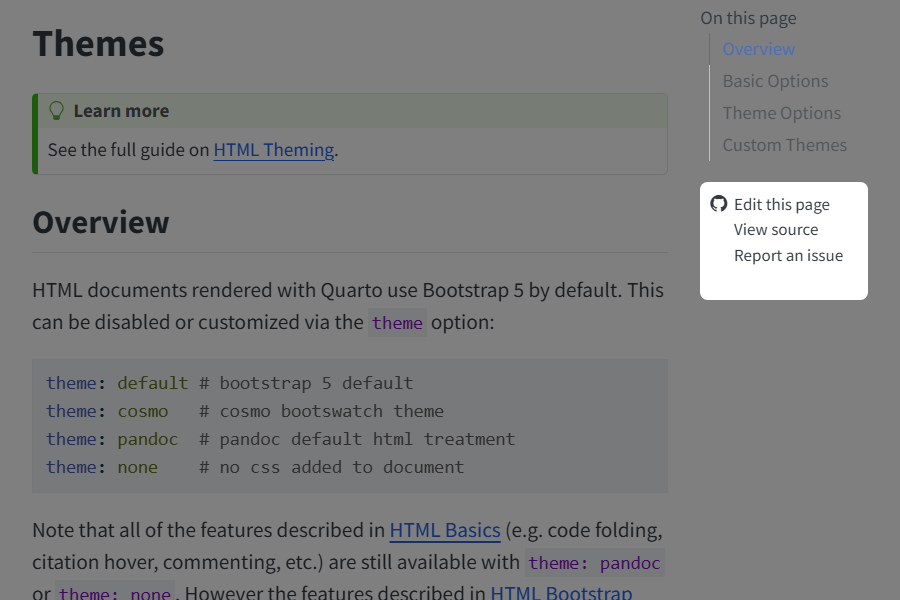A screen shot of a Quarto document. Underneath the page table of contents on the right side are three options: 'Edit this page', 'View source' and 'Report an issue'. There is a Github icon to the left of 'Edit this Page.'