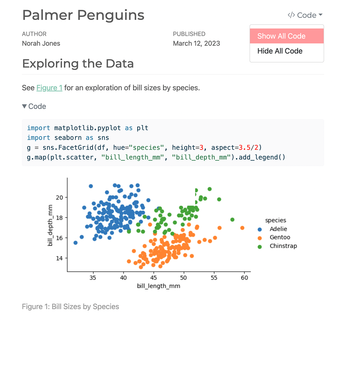 Output of example Jupyter notebook, Palmer Penguins, in HTML showing title, metadata, text, code, and scatterplot. At the top there is a dropdown option to show or hide the code.